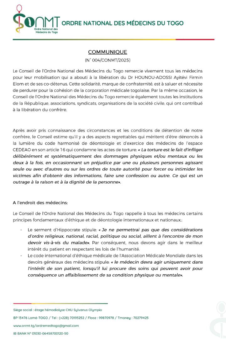 Communique de rappel des regles de deontologie et d'éthique medicale